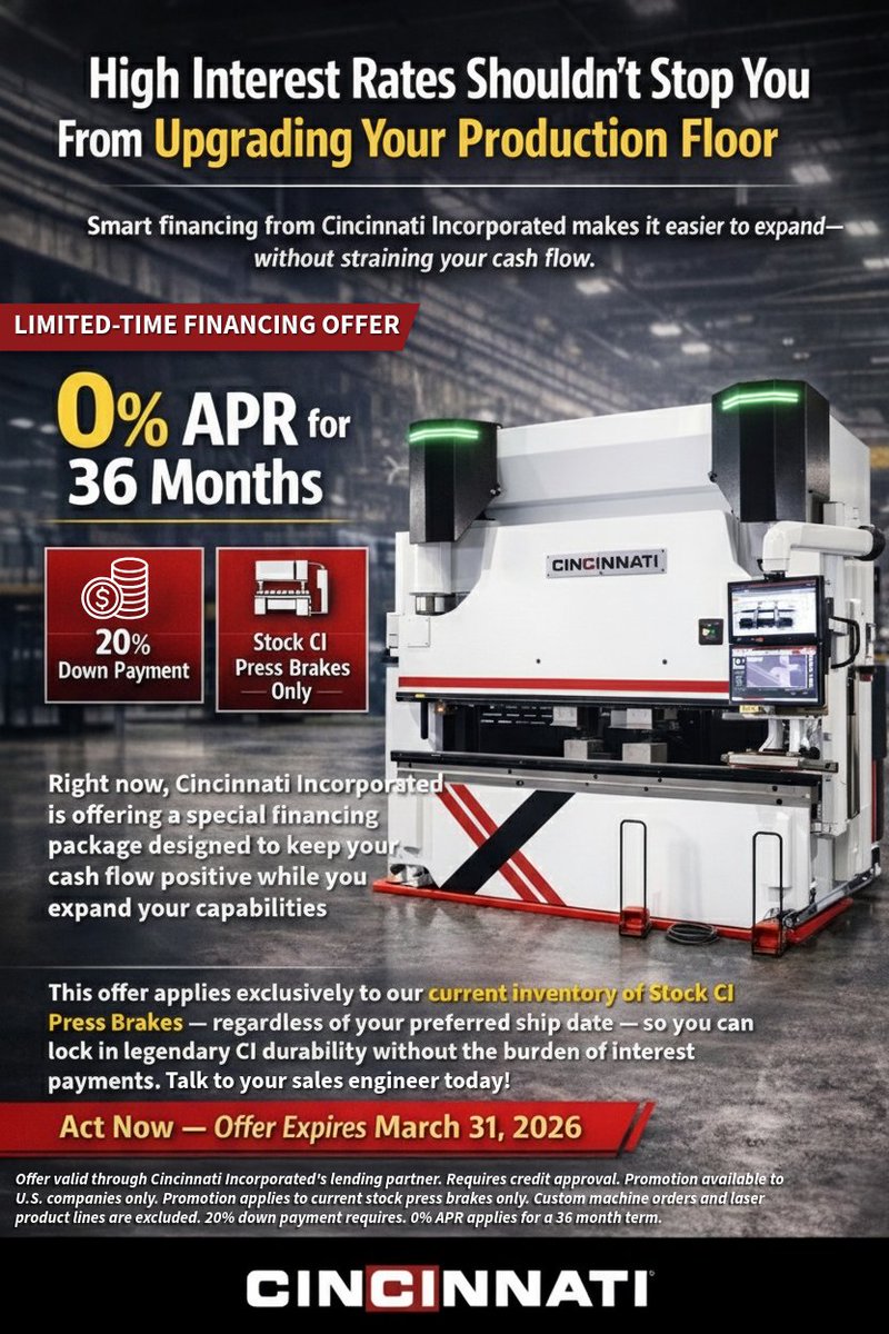 High interest rates shouldn’t slow your shop down 💪

Upgrade your production floor with 0% APR for 36 months on stock CI press brakes—designed to keep your cash flow moving while your capabilities grow.

✔️ Limited-time financing
✔️ Proven CI performance
✔️ No interest, no