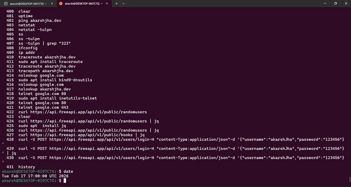 akarshjha_'s tweet photo. Day 06 of learning Linux.

Focused on networking and ports.

Learned about IP, ports, DNS, and tested APIs using curl.
Worked with ss, netstat, ping, nslookup and checked port conflicts.

#Linux #Backend #Networking https://t.co/0KjXBBlTYI