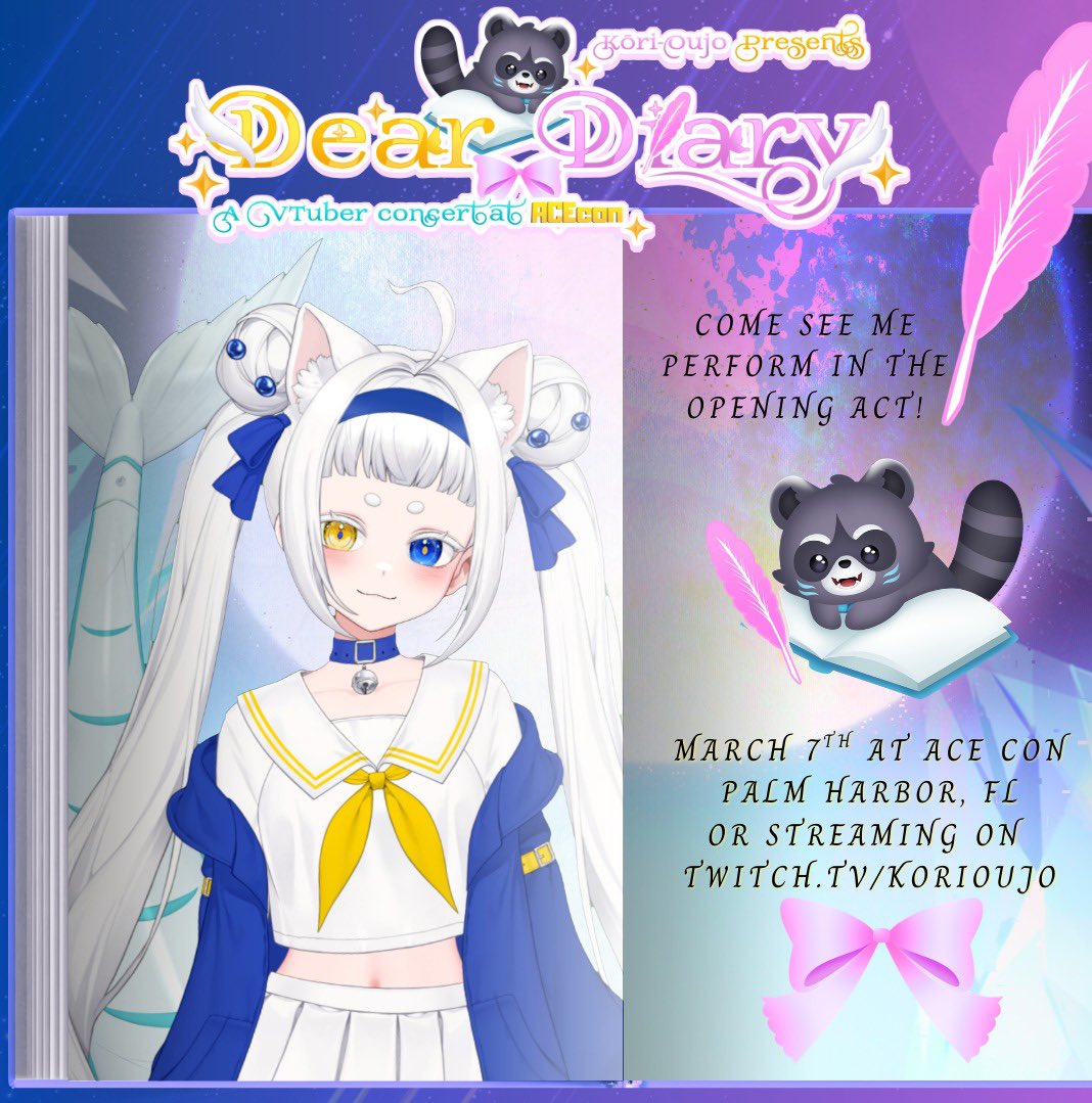 CHATFISH!!!!!!!

I am excited to announce that I I’ll be participating in <a href="/korioujo/">Kōri-Oujo🍧🦝【HEIRS】🔜DEAR DIARY CONCERT</a>’s concert, Dear Diary! 💙 #DearDiaryACE

Can’t go in person? No worries! Kōri will be streaming it on her Twitch channel for everyone to see! 

I can’t wait! 💙 I hope to see you there chatfish!