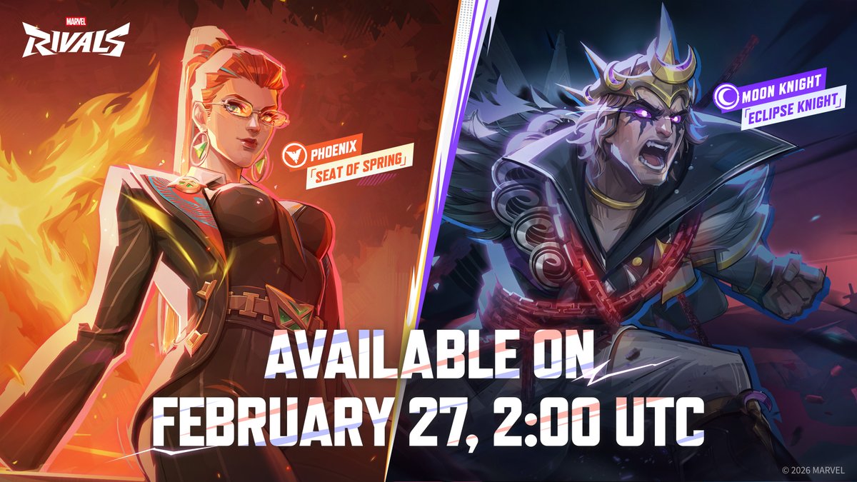 Conquer the night or blossom through Spring. 🌓

Embrace the inescapable darkness as Moon Knight's Eclipse Knight costume and bring on the flames with Phoenix's fiery Seat of Spring costume.

Available: February 26 at 6 PM PT with no time limit!

There's no room for fear, conquer
