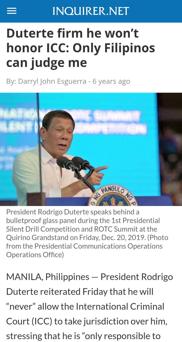Kaufman says Duterte won't participate in ICC confirmation hearing. Noon pa sinabi ni Duterte that he will “never” allow the International Criminal Court (ICC) to take jurisdiction over him, stressing that he is “only responsible to Filipinos.” Only Filipino judge can judge him