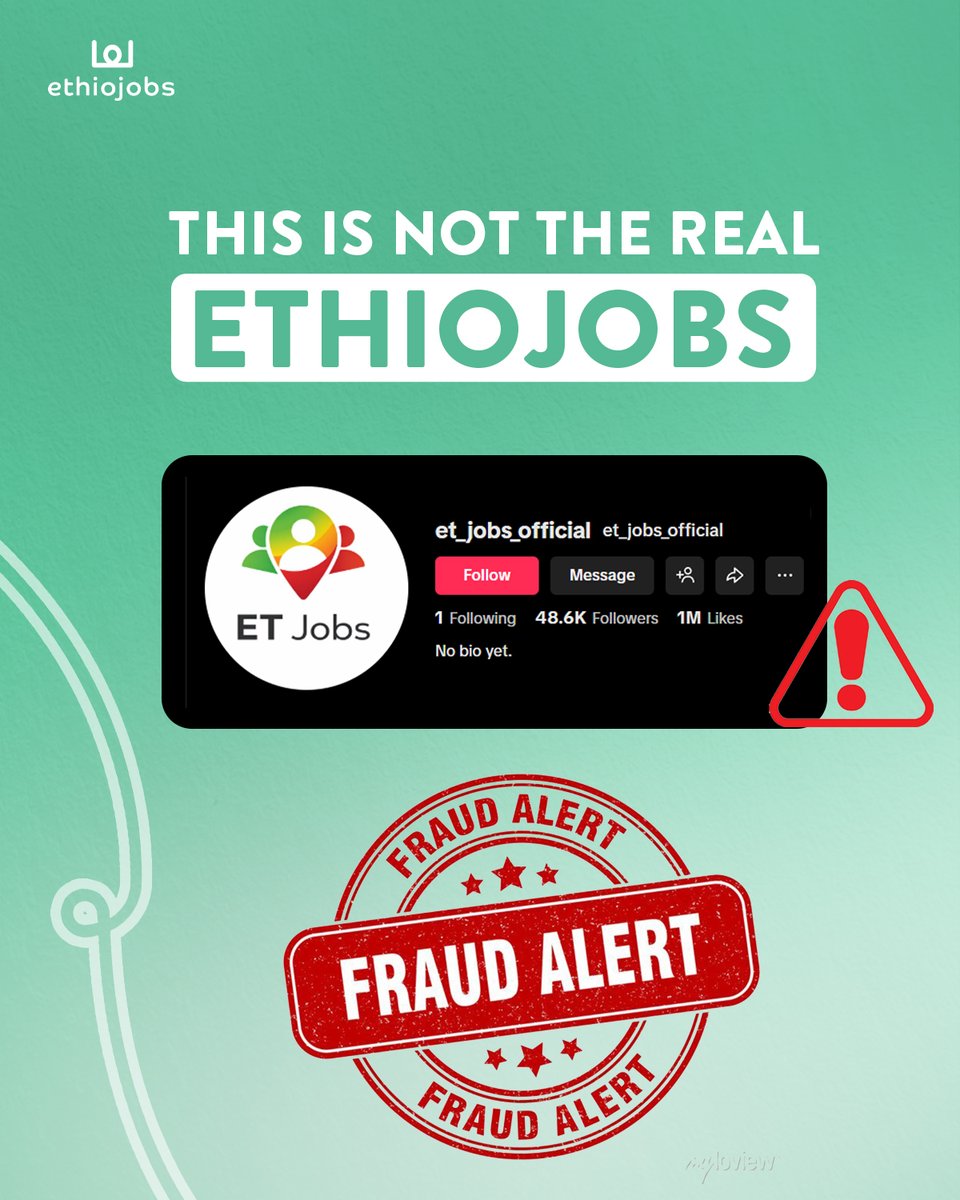 Ethiojobs's tweet photo. Ethiojobs clarifies that it has no association, partnership, or affiliation with organizations using similar names, including ETJOBS. 
Such accounts are not recognized and have no connection to Ethiojobs. We do not charge candidates fees and communicate only via official channels https://t.co/hai1AdlOUe