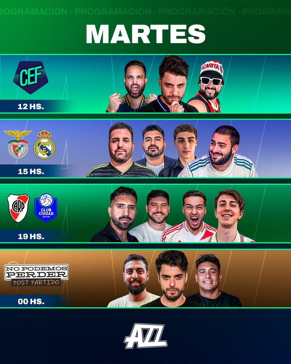 Tenemos un martes recargado con #CEF y #NoPodemosPerderAZZ, más las transmisiones de Benfica vs. Real Madrid por la #ChampionsLeague 🏆 y River vs. Ciudad de Bolívar por la #CopaArgentina 🇦🇷