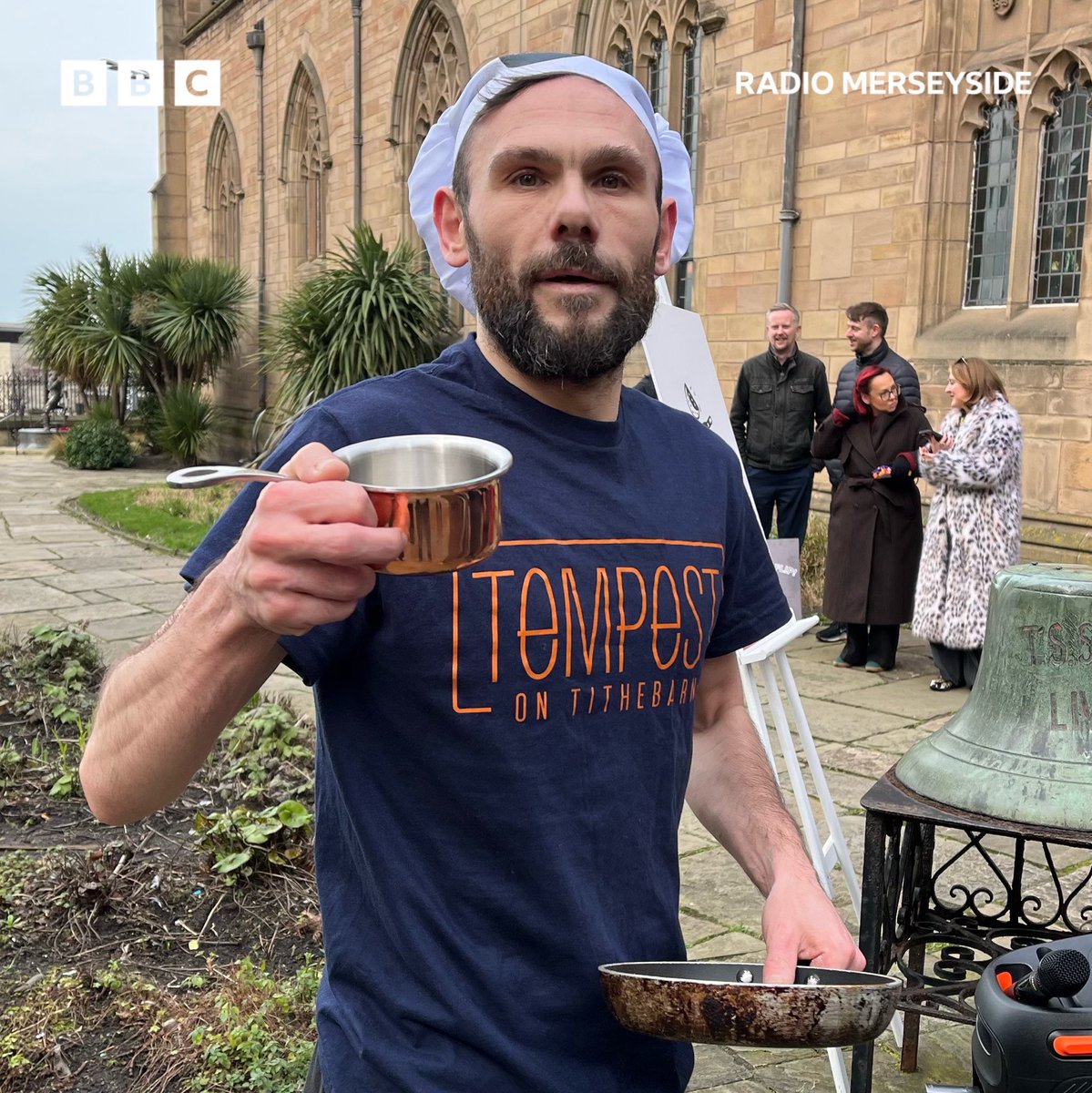 bbcmerseyside's tweet photo. He’s the fastest flipping chef in #Liverpool - Lee Johnson from @tempestontithe won the annual #pancakeday race around @LiverpoolParish organised by @LpoolBIDcompany https://t.co/4A23kz5ddm