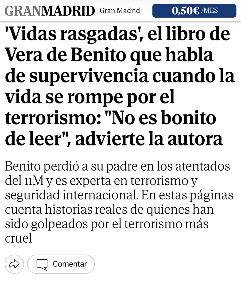 MA_GarciaMartin's tweet photo. El libro de “Vidas rasgadas” de @veradebenito da voz a las víctimas del terrorismo a través de testimonios reales entrelazados en una historia de ficción.

Gracias a libros como este las nuevas generaciones podrán conocer la historia de la barbarie terrorista y de sus víctimas.

https://t.co/Aj2hWizAyt