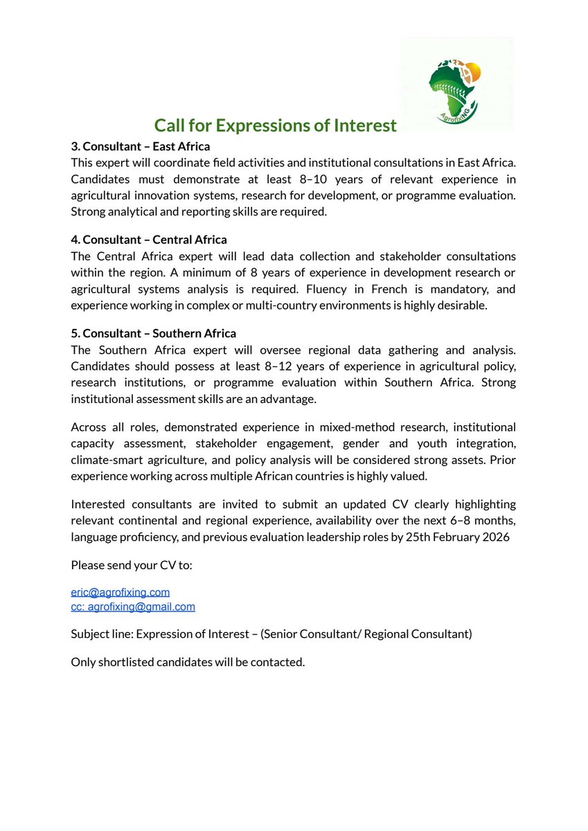 AgrofixiNG's tweet photo. AgrofixiNG is putting together a high-level, multidisciplinary team for an upcoming agricultural research and evaluation project across Sub-Saharan Africa.

Are you qualified and interested?

Kindly send your CV to:
Eric@agrofixing.com
CC: agrofixing@gmail.com https://t.co/NLZpHZ64Tq