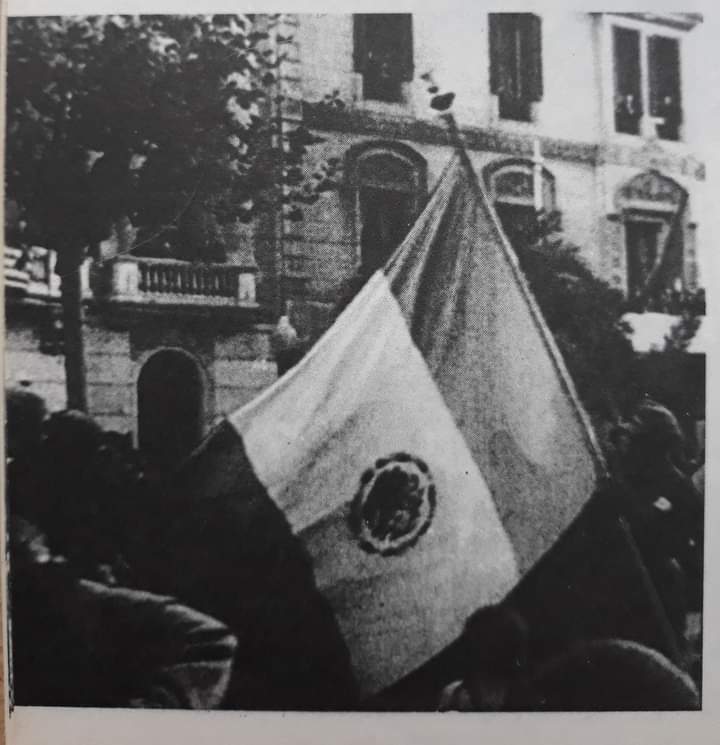Mexican flag at the famous farewell to the International Brigades down Barcelona's Diagonal on 28 October 1938. Some 250-300 Mexicans fought in the International Brigades.
