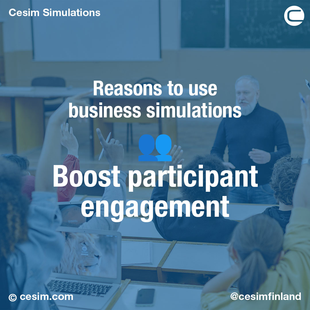 👥 Boost participant engagement

Learning outcomes are highly dependent on the conditions and motivation for learning.

Learn more about why to use our business simulations at cesim.com/what-is-a-busi…

#cesimsimulation #businesssimulations #experientiallearning #learningbydoing