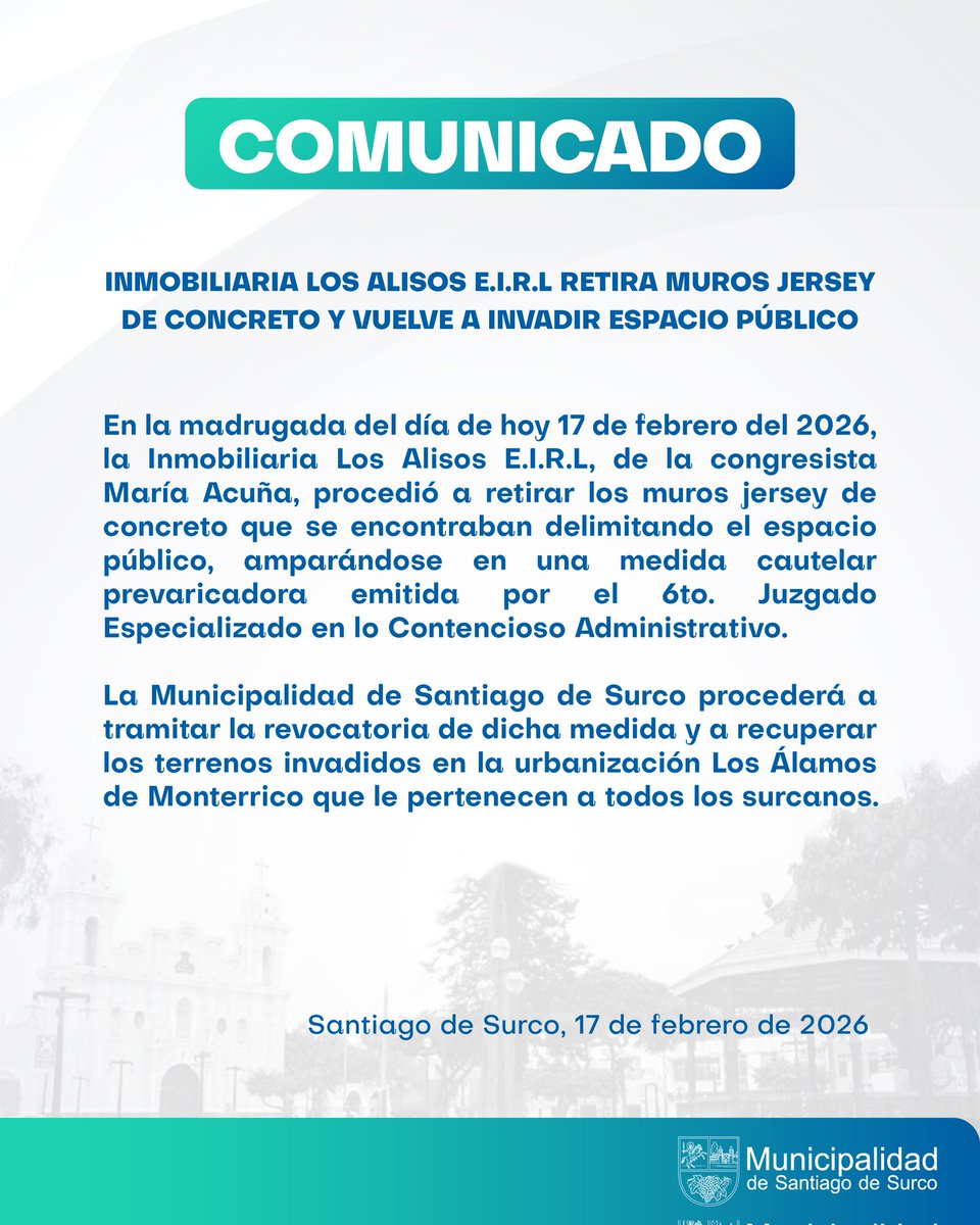 🚨#Comunicado | Inmobiliaria Los Alisos E.I.R.L. retira muros jersey de concreto y vuelve a invadir espacio público.