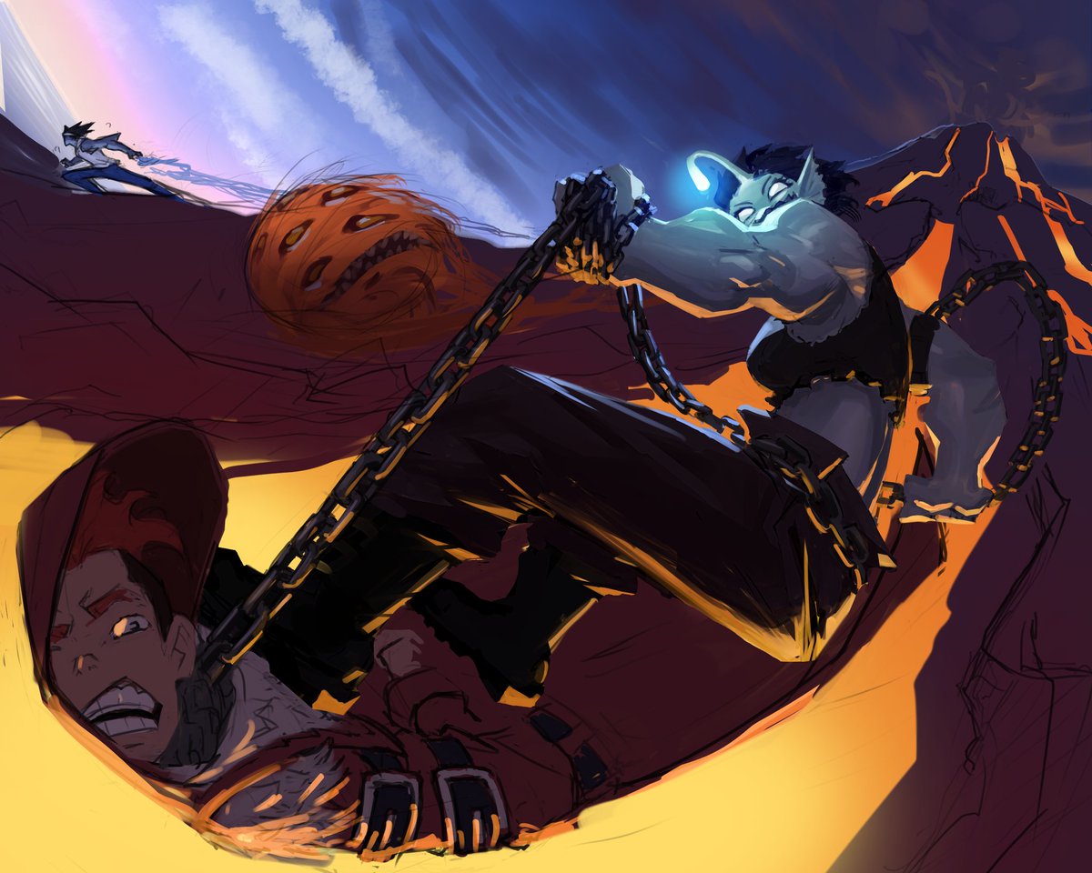HakiSpren's tweet photo. #WIP
Working on this piece and the greyscale version is looking better to me than with colours meaning I'm doing better with values than colors (which is a first for me tbh). 
 Does anyone have advice or critique on the colors or in general? 
Also tips on painting lava? 🙏🏽 https://t.co/zf1f6dB61g