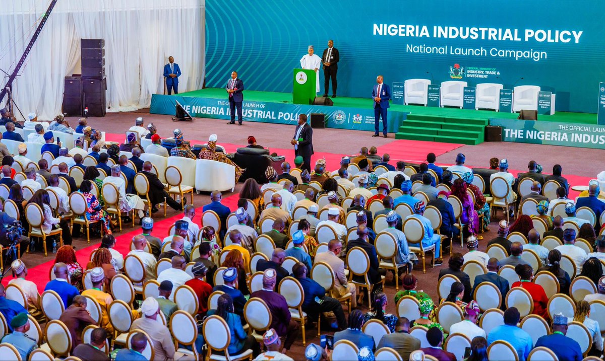 officialSKSM's tweet photo. President @officialABAT, Tuesday, unveiled Nigeria Industrial Policy 2025 with a charge to relevant ministries, departments and agencies (MDAs) of government to ensure speedy implementation.

According to him, the policy, which is a roadmap for re-engineering Nigeria’s industrial base, unlocking value across sectors, and placing production, competitiveness, and jobs at the centre of the nation’s economic strategy, has already established a clear implementation architecture, because policies rarely fail at conception but at execution.

Speaking during the official launch of the Nigeria Industrial Policy 2025 at the Bola Ahmed Tinubu International Conference Centre, Abuja, the President who was represented by his deputy, Vice President @KashimSM, regretted that for too long, Nigeria has grappled “with fragmented value chains, high production costs, infrastructure gaps, policy inconsistency, and insufficient coordination between government and industry.”

Emphatically, the Nigerian leader noted, however, that “this stops now,” as the Nigeria Industrial Policy 2025 is an acknowledgement of such deficiencies.