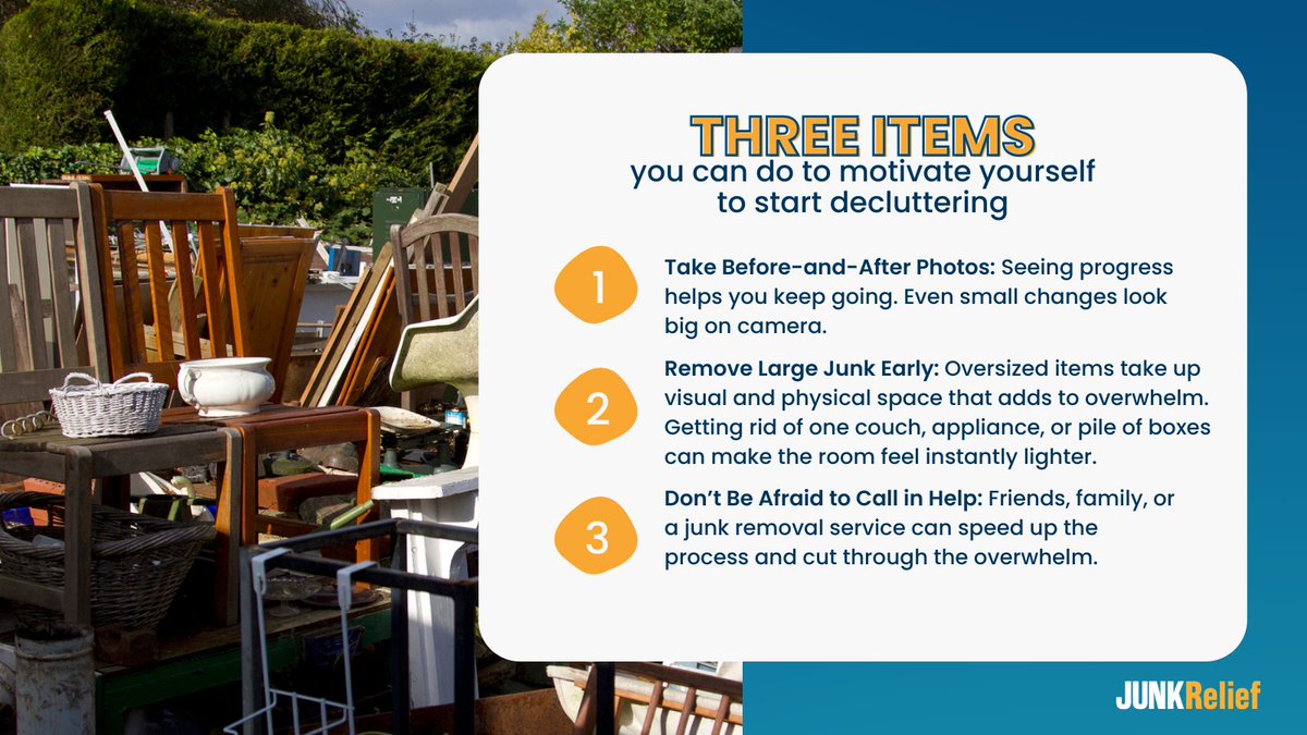 JunkRelief's tweet image. Motivating yourself to start decluttering is difficult, even more so if you've been putting it off for a while. Here are some things you could use for motivation. 😊

#junkrelief #chicagocleanout #cleaningmotivation