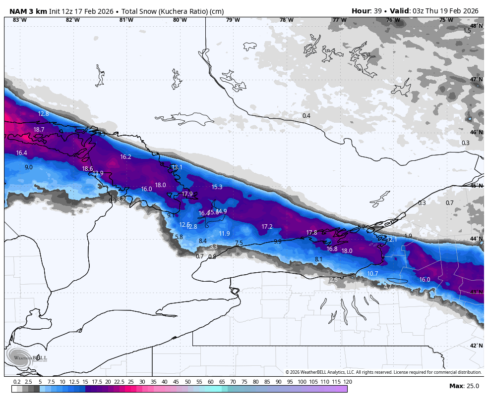 WxOntario1's tweet photo. The latest NAM 3k model fits well with my thoughts over the past couple days

- Freezing Rain for a large swath of SW #Ontario
- Freezing Rain/ Ice Pellets for the #GTA
- Snow (5-15+cm) from Central Ont towards #PEC

#OnWX #ONStorm https://t.co/rh9mpW804L