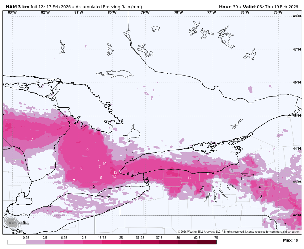 WxOntario1's tweet photo. The latest NAM 3k model fits well with my thoughts over the past couple days

- Freezing Rain for a large swath of SW #Ontario
- Freezing Rain/ Ice Pellets for the #GTA
- Snow (5-15+cm) from Central Ont towards #PEC

#OnWX #ONStorm https://t.co/rh9mpW804L