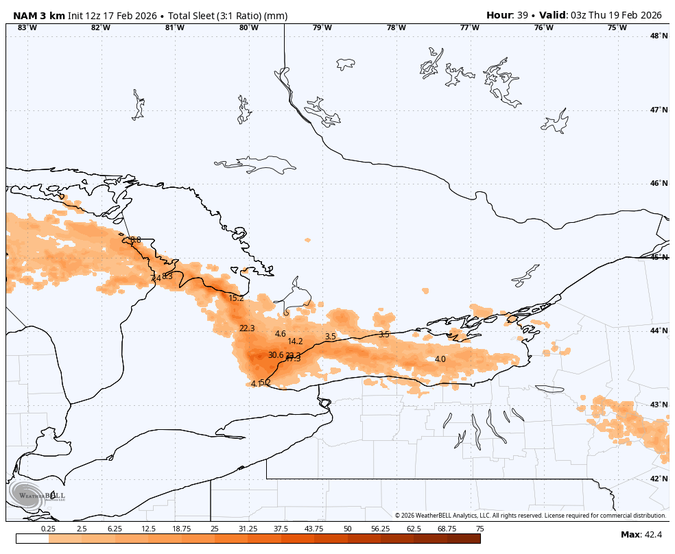 WxOntario1's tweet photo. The latest NAM 3k model fits well with my thoughts over the past couple days

- Freezing Rain for a large swath of SW #Ontario
- Freezing Rain/ Ice Pellets for the #GTA
- Snow (5-15+cm) from Central Ont towards #PEC

#OnWX #ONStorm https://t.co/rh9mpW804L