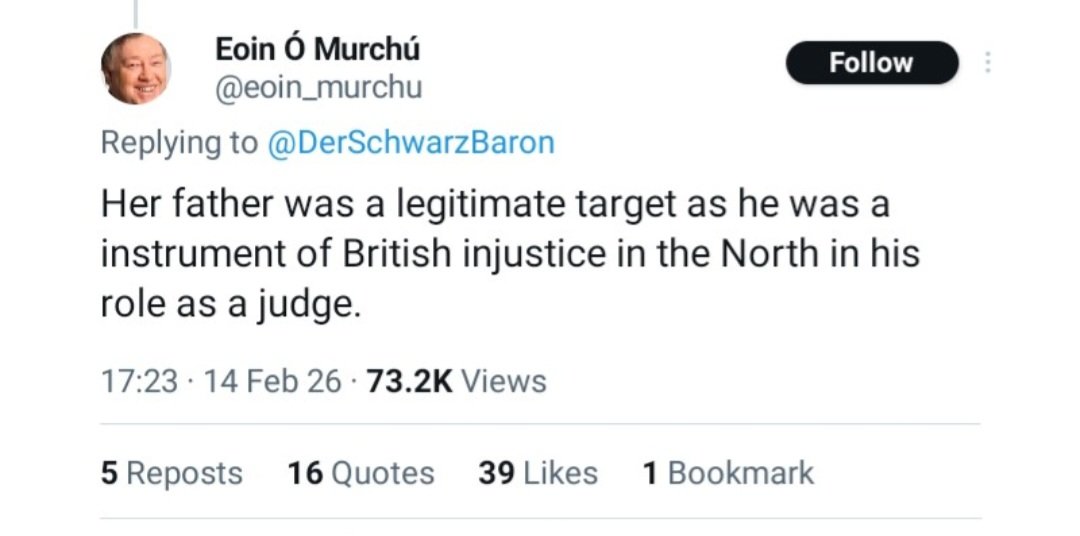 SageDespatches's tweet photo. As with all the best Irish Republican communists, Eoin O Murchu is originally from Dartford in Kent. I'll hazard a guess, back then he was plain old Eoin Murphy, or maybe Owen Murphy. And probably English.

Anyway, here he was recently, explaining to the world, why the IRA were justified in shooting and injuring an unarmed catholic magistrate as he walked home from mass at the local chapel, in the same attack in which they murdered his daughter by intentionally shooting her at point blank range, then attempted but failed to do the same to her mother.

But according to Eoin (Owen?) it was justifiable for IRA terrorists to try and murder a gentleman who was widely known to be a liberal, kind, compassionate individual who did his best to help people even whilst they were standing in the dock of his courtroom and he had just convicted them (for example, on one occasion, helping a guy by giving him money so he could pay for his fare back to Scotland). But according to Eoin (Owen?) and the single digit IQ knuckledraggers who "liked" his display of ignorance, Tom Travers was a "legitimate target". It's much easier to excuse the cold-blooded murder of innocent people, when you don't actually know them, or know much about them. It's much easier to rationalise murder when you peddle negative stereotypes about victims. Facts are an inconvenience. Facts can lead to very uncomfortable cognitive dissonance.

It's people like Eoin (Owen?) that motivated me to start blogging about the Disneyfication of terrorism although to be honest, it's not that difficult to highlight the problem when there's people like Eoin (Owen?).