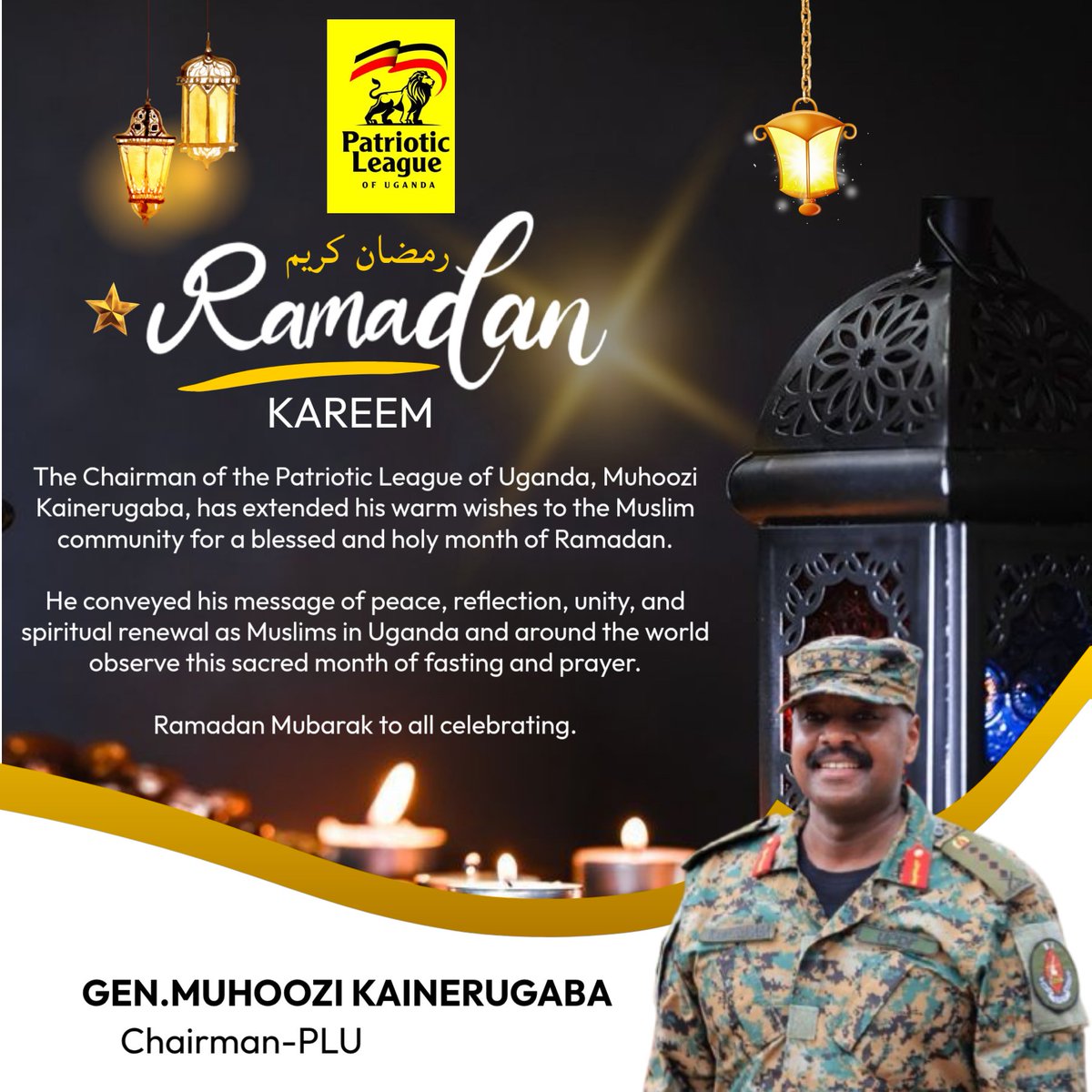 KNsamuye's tweet photo. Our Gen @mkainerugaba has said "๐ Ramadan Mubarak! ๐
I wish you a blessed Ramadan filled with reflection, unity, and purpose. Let this month strengthen our values, guide our actions, and inspire service to our community"
#Ramathan https://t.co/LZGTquH7Cz