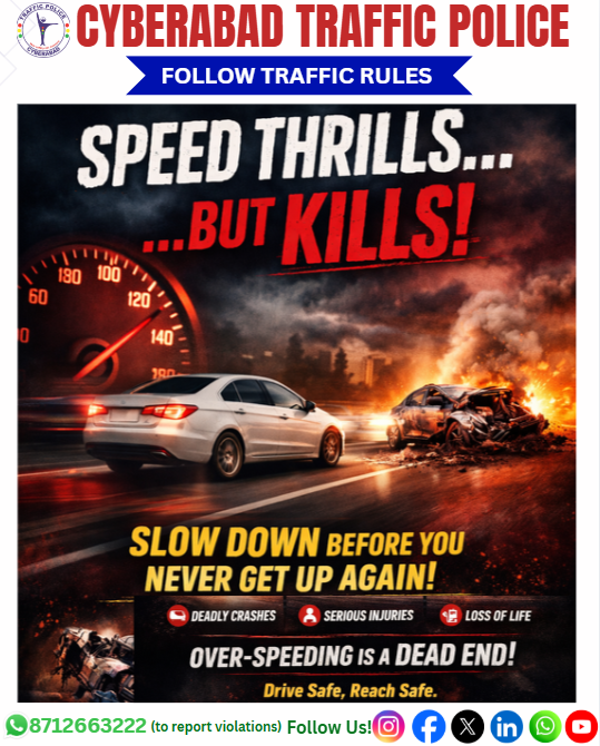 CYBTRAFFIC's tweet photo. OVER SPEEDING KILLS
Speed thrills for a moment…
But regret lasts forever.
👉 Slow down.
👉 Follow speed limits.
👉 Reach home safely.
Drive Safe. Reach Safe. 🛣️💙

#CyberabadTrafficPolice #RoadSafety #PublicSafety #DriveSafe #NoOverSpeed #SaveLives