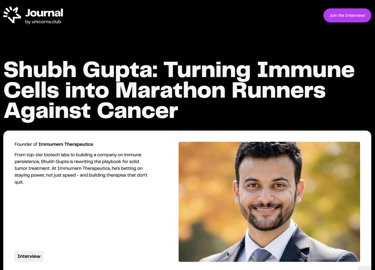 New Interview on Unicorns Journal

Shubhranshu Gupta, PhD, Founder of Immumem Therapeutics, is building something bold:

immune cells engineered not just to attack cancer — but to outlast it.

Read the full interview:

👉 journal.unicorns.club/journal/shubh-…

#Biotech #Unicorns #GrowInPublic