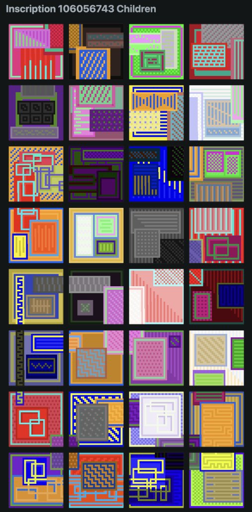 Expansion is symbolic of the geographic spread and cultural exchange.

Made of 32 tiles that are each 32x32, these are created and inscribed in a way such that they appear to be related when viewed on ordinals.com (or any four-wide viewer).
Each piece used its