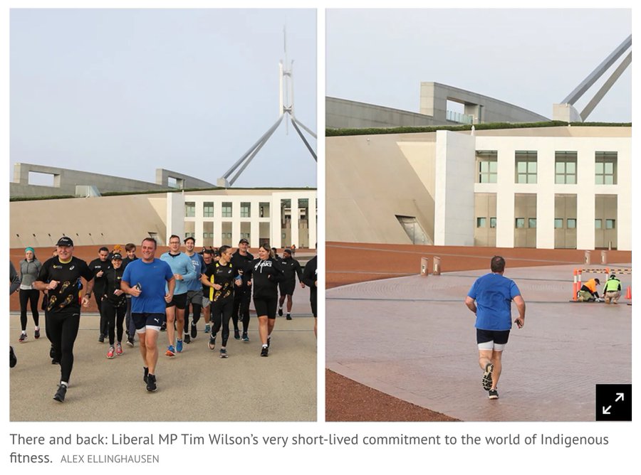 May 2021: Then Liberal Govt MP Tim Wilson joined a run in support of Indigenous Australians, leading the pack ... for the first 100m as it left Parliament House. Then, when the tv cameras stopped filming, he turned and went back to his office. 🙄 #auspol
Photo: Alex Ellinghausen.
