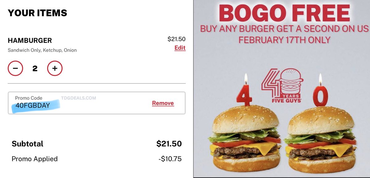 Five Guys is having a BOGO on their burgers 🤤 you must log in to redeem ...