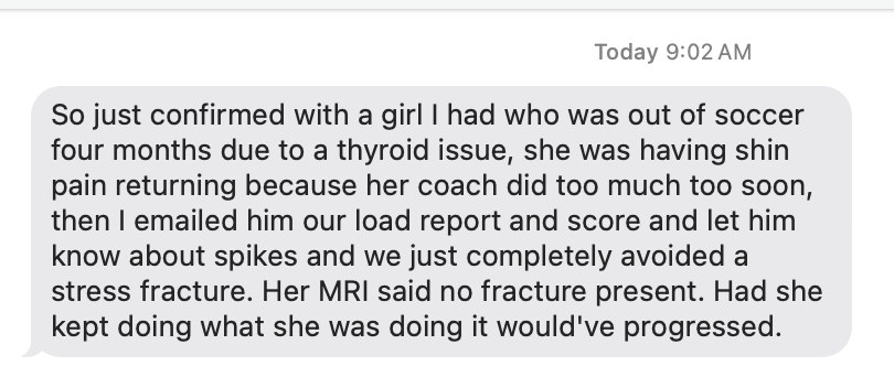 Message I just received from a performance coach who is using <a href="/PlayerPulseApp/">PlayerPulse™</a>  with her training group.

Disaster avoided. Could've been a 6 month injury.

Too much, too soon = injuries. It's math!