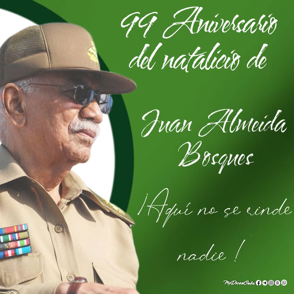 "Aquí no se rinde nadie". Más que una frase, es una huella personal de nuestro eterno Comandante Juan Almeida Bosque, ejemplo de revolucionario cuyo legado inspira al pueblo cubano.
#CubaViveEnSuHistoria 
#CubaEstáFirme