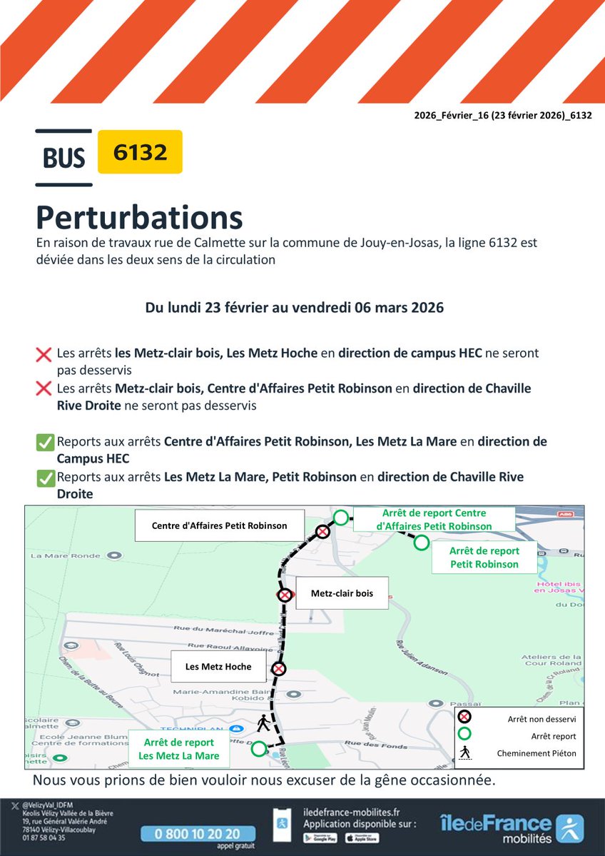 ⚠️🚍#Infotrafic - Ligne 6132 - Du lundi 23 février au vendredi 06 mars 2026

En raison de travaux rue de Calmette sur la commune de Jouy-en-Josas, la ligne 6132 est déviée dans les deux sens de la circulation :

⬇️Voir média

Veuillez nous excuser.