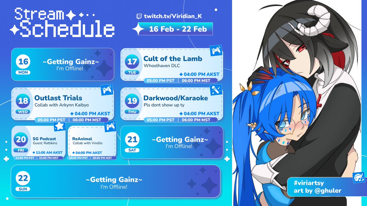 Sorry for the wait but new vods will be uploaded TODAY! There should be videos posting for the next 4 weeks🩵💙  

✨Schedule 68 ✨ 
Lots of Collabs this week~
