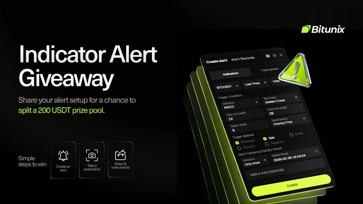 Indicator Alert Giveaway 🎁

Set up an alert, drop your screenshots below and tag your friends for a chance to win from a 200 $USDT prize pool.

Don’t miss out, ends Feb 25.

More details 👉 bitunix.com/p/indicatorale…