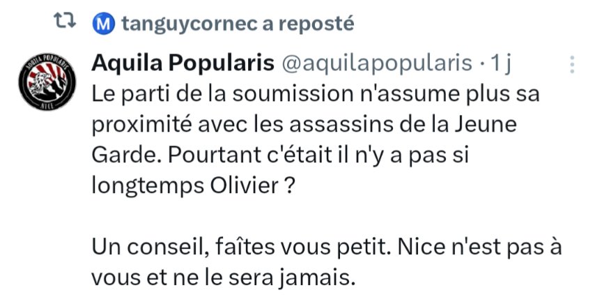 Un groupuscule néonazi m'a menacée publiquement. Ces menaces ont été relayées par un ancien élu RN. J'ai déposé plainte. Ils voudraient nous faire taire, nous intimider, nous faire reculer. À Nice comme partout, nous ne céderons ni à la peur ni à l'intimidation.