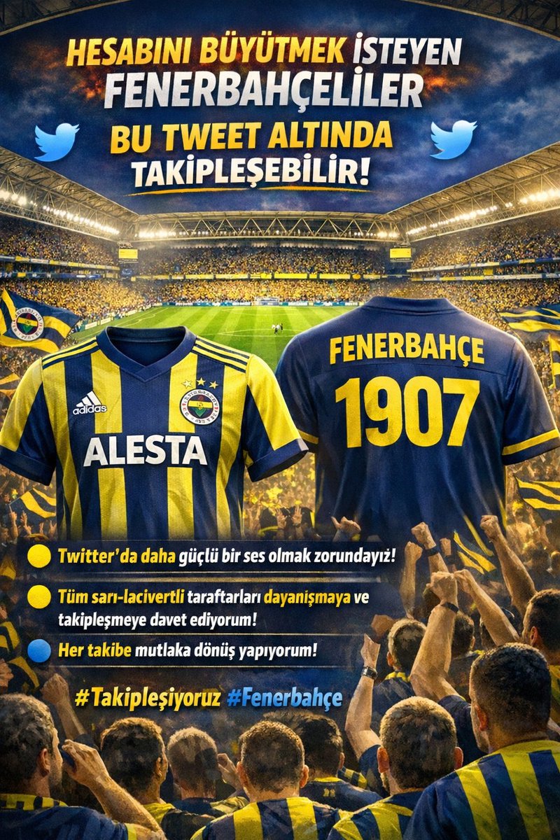 🔥 Hesabını büyütmek isteyen Fenerbahçeliler bu tweet altında takipleşebilir.

🟡🔵 Twitterda daha güçlü bir ses olmak zorundayız!

🟡🔵 Tüm sarı-lacivertli taraftarları dayanışmaya ve takipleşmeye davet ediyorum.

🟡🔵 Her takibe mutlaka dönüş yapıyorum!