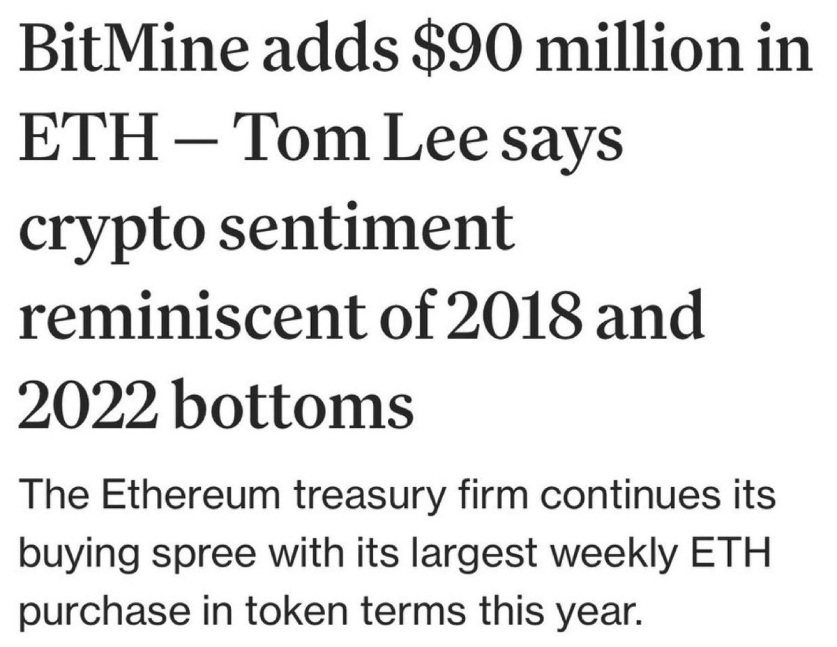 BitMine has added $90M worth of ETH, with Tom Lee saying current crypto sentiment is reminiscent of the 2018 and 2022 market bottoms, per CoinDesk.

#Ethereum #ETH #CryptoMarkets #MarketSentiment #CoinDesk