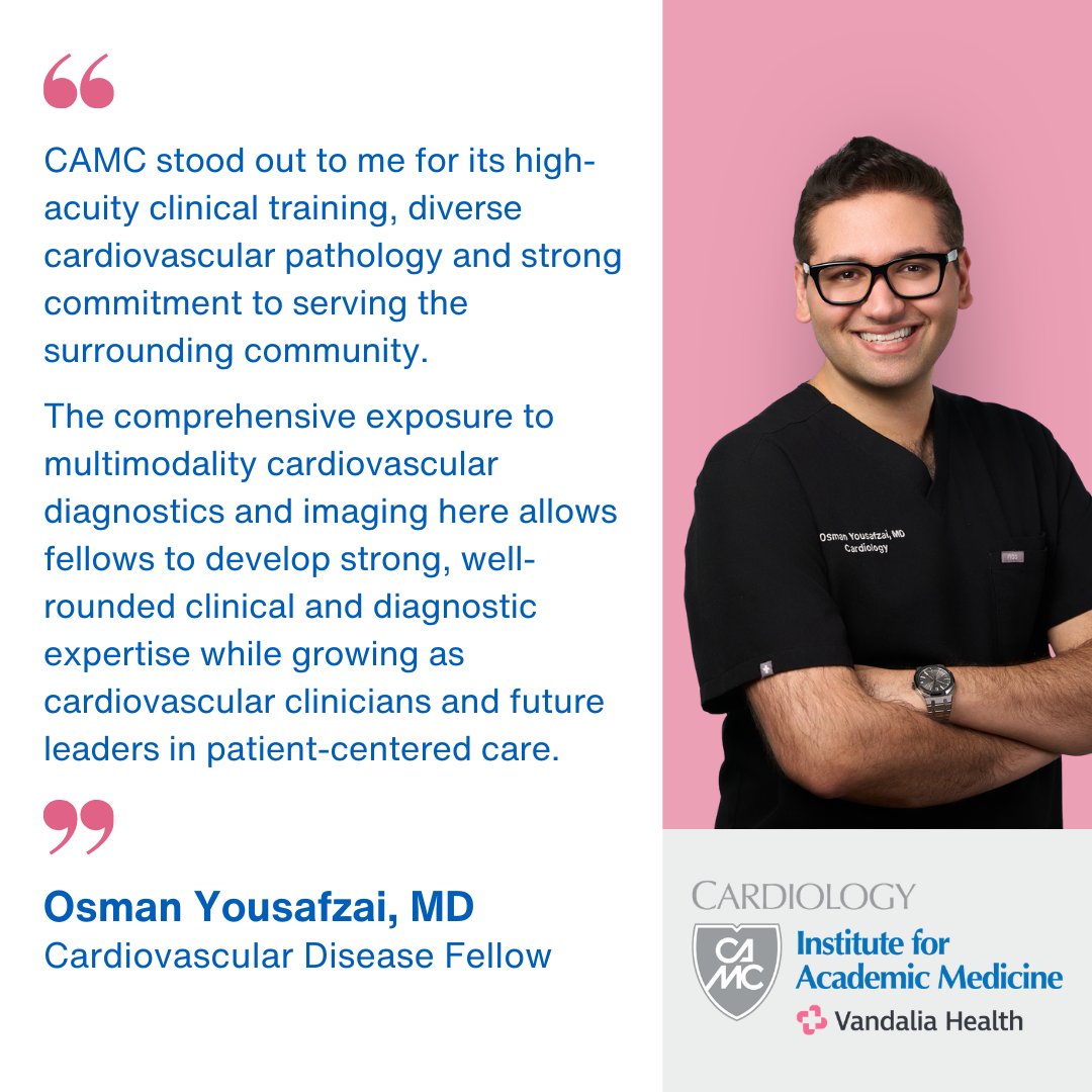 CAMCCardiacIAM's tweet photo. Cardiovascular Disease Fellow Osman Yousafzai, MD, shared what he searched for in a fellowship and why he chose to train at Vandalia Health CAMC.

Learn more about the Cardiovascular Disease Fellowship at https://t.co/xlrTEeHGDT. https://t.co/P8JOx62JVA