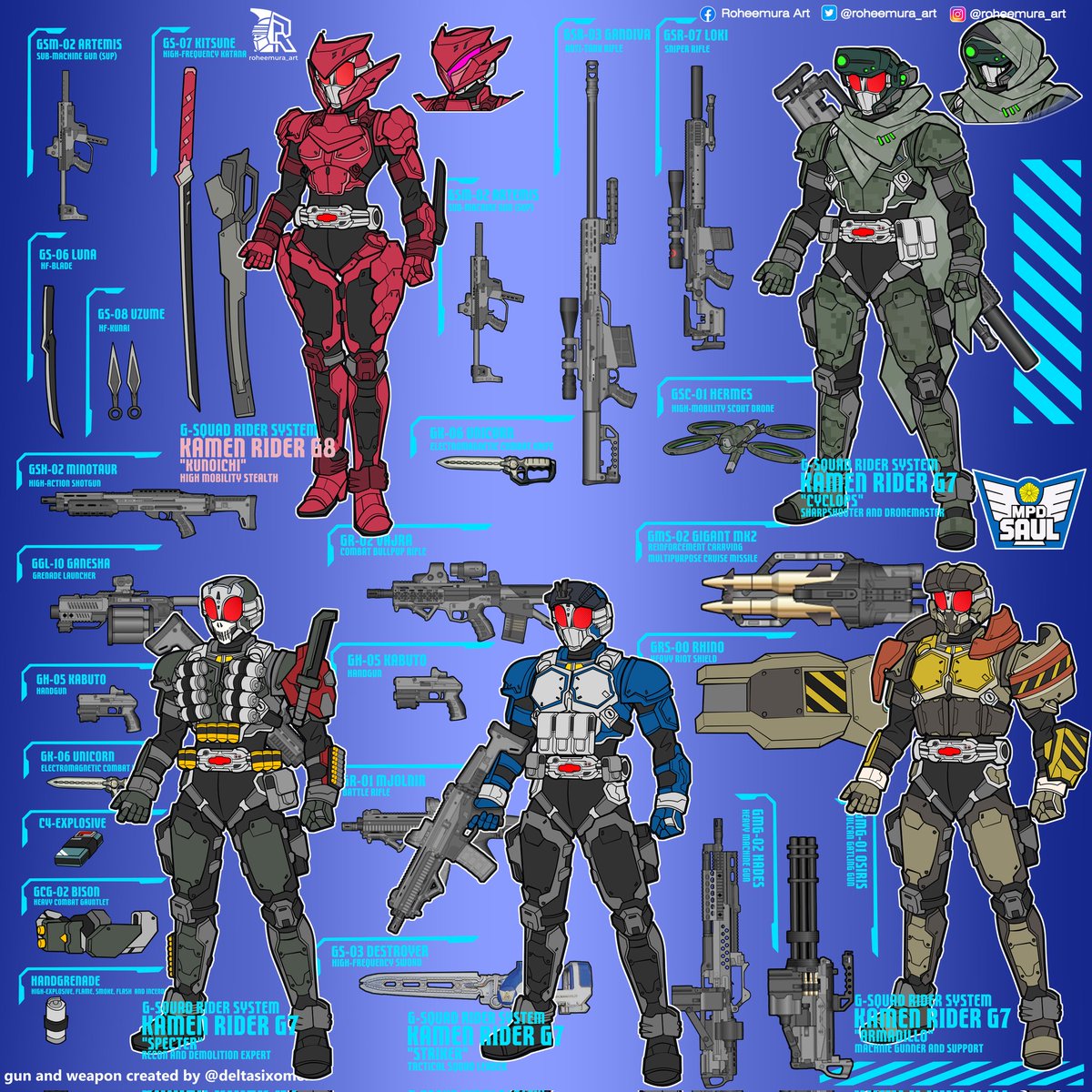 Kamen Rider G6 is appearing in Agito: Psychic War — still no G5 tho 👀
Funny thing is, I already designed KR G7 &amp; G8 last year. G7 more like G3X but G8 is sleeker, next-gen type… and they’d totally fit the lore 😂
Halo Reach x Kamen Rider vibes.
#仮面ライダー #KamenRiderAgito