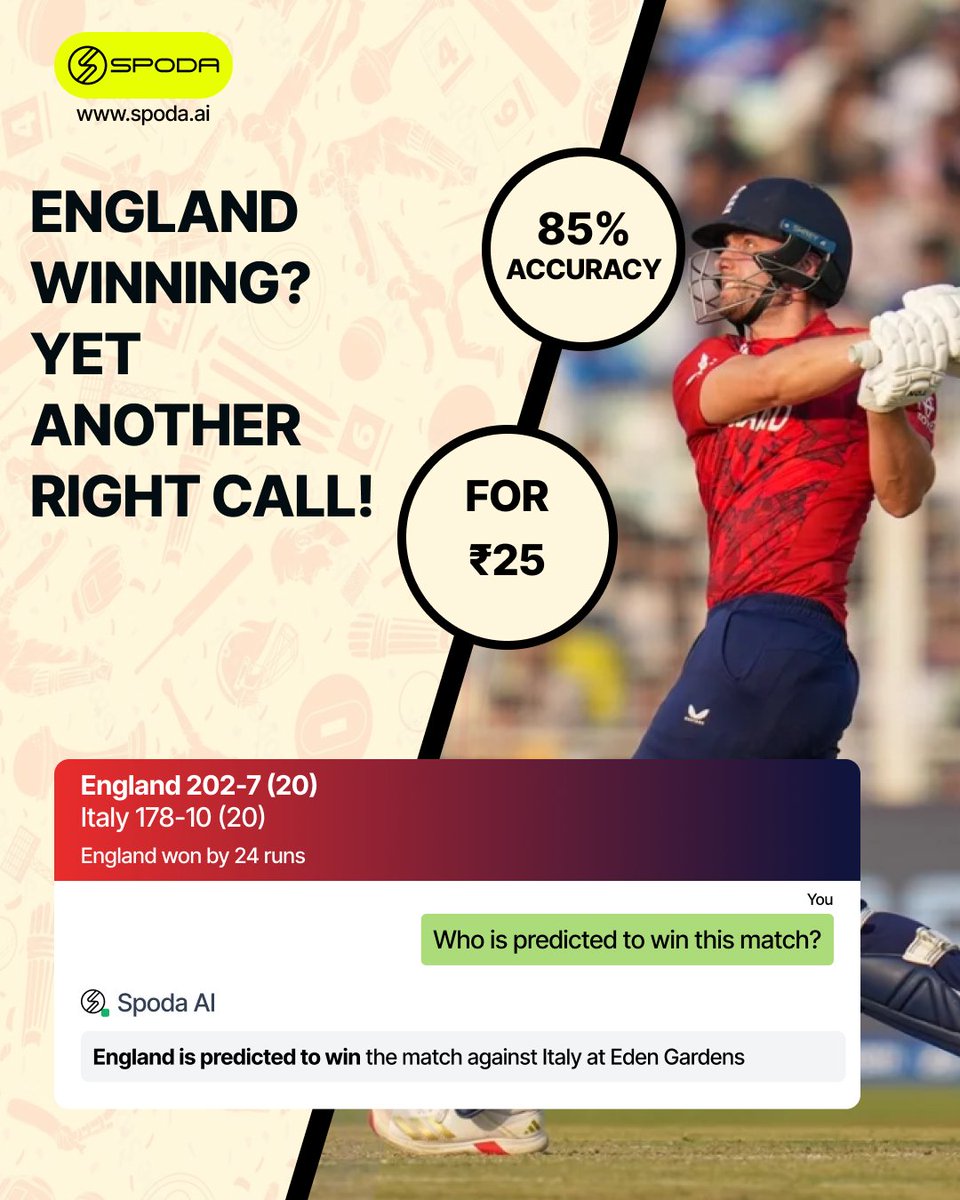 SPODA_AI's tweet photo. England winning? Called it!
Tom Banton scoring 30? Almost!
Spoda was right yet another time for #ENGvITA
#CricketFever #T20WorldCup #INDvsPAK #yuvrajsamra #SportsBettingX #sportsbettingpicks https://t.co/fRY6goJCvx