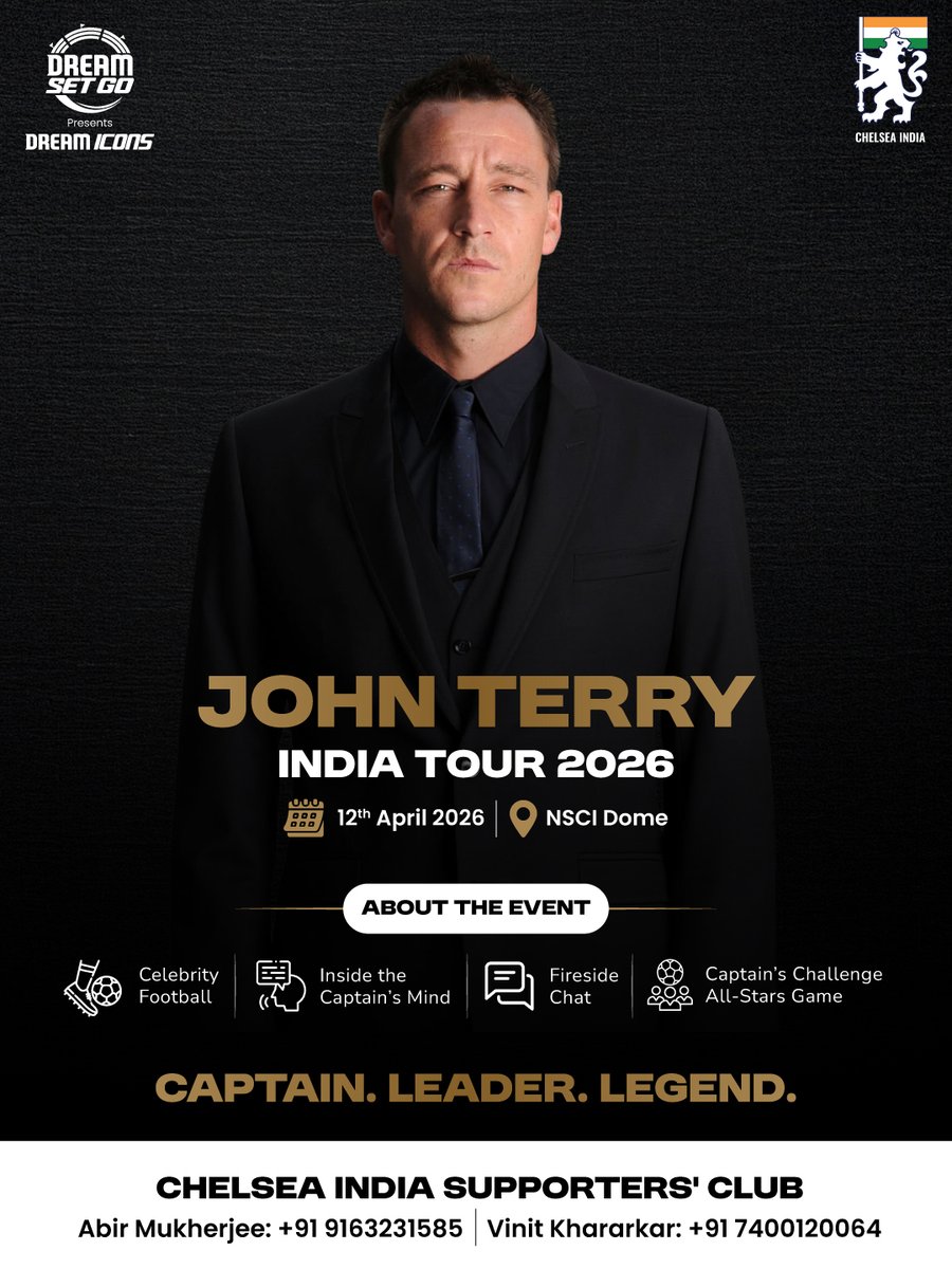 🔵 𝐉𝐎𝐇𝐍 𝐓𝐄𝐑𝐑𝐘. 𝐈𝐍 𝐓𝐇𝐄 𝐃𝐎𝐌𝐄. 𝐌𝐔𝐌𝐁𝐀𝐈. 🔵

𝘈 𝘮𝘰𝘮𝘦𝘯𝘵 𝘦𝘷𝘦𝘳𝘺 𝘊𝘩𝘦𝘭𝘴𝘦𝘢 𝘧𝘢𝘯 𝘭𝘪𝘷𝘦𝘴 𝘧𝘰𝘳! 😍

On Sunday, 12th April, Mumbai turns BLUE as John Terry arrives LIVE.

⚽ Fast-paced 5v5 action with top Indian talent
🥁 Chelsea chants ringing