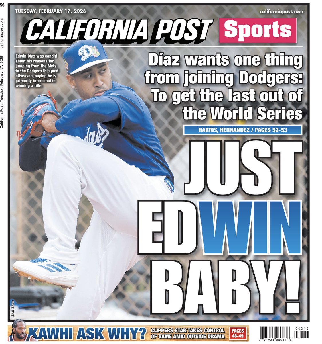 capostsports's tweet image. The back page: Edwin Diaz wants one thing from joining Dodgers: to get the last out of the World Series. 
trib.al/CuMYm6n

Subscribe for home delivery: trib.al/Cc0qHFu