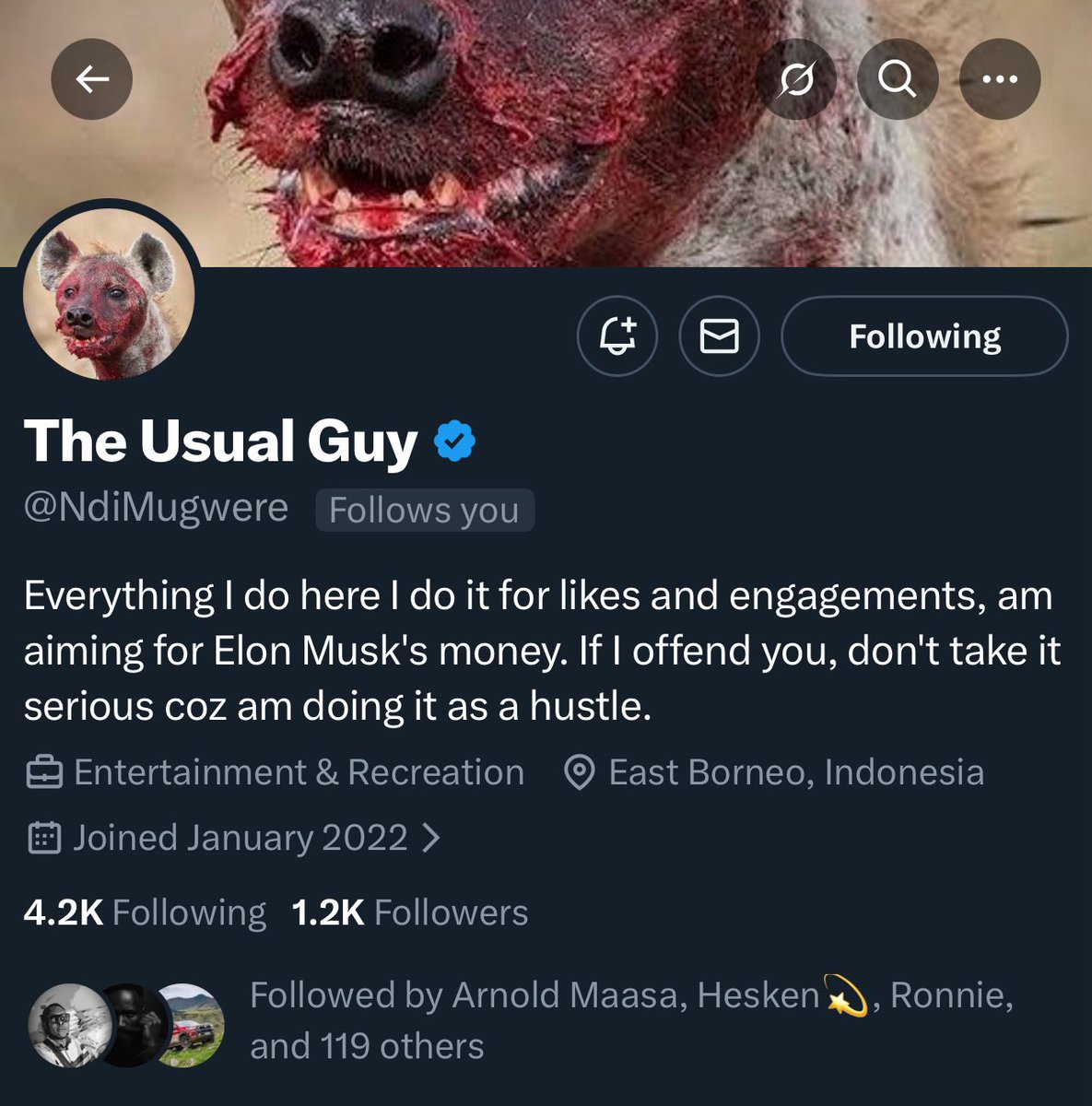 I love honest people,  I mean look at his bio. 😂

<a href="/NdiMugwere/">The Usual Guy</a>