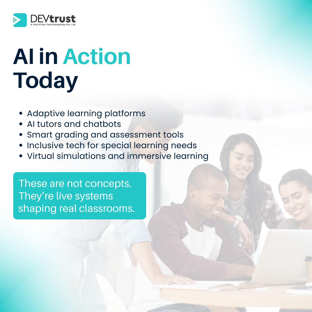 DEVtrustInc's tweet photo. Schools and EdTech platforms are using AI to personalize learning, automate grading, and drive real performance insights.

If you are building the next learning platform, build it right.
Visit our website https://t.co/AmG7xZyLJX

#EdTech #AIEducation #B2BTech #AISummit https://t.co/kVfSI4DHTW
