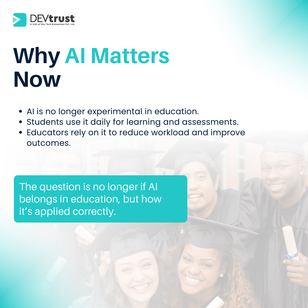 DEVtrustInc's tweet photo. Schools and EdTech platforms are using AI to personalize learning, automate grading, and drive real performance insights.

If you are building the next learning platform, build it right.
Visit our website https://t.co/AmG7xZyLJX

#EdTech #AIEducation #B2BTech #AISummit https://t.co/kVfSI4DHTW