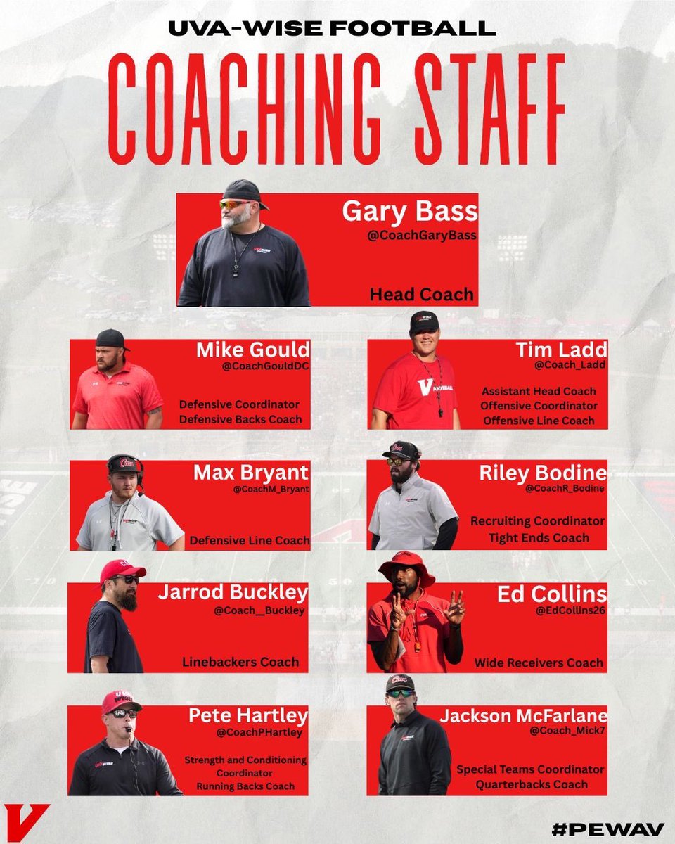 Follow the <a href="/UVAWiseCavsFB/">UVA Wise Football</a> Coaching staff!! <a href="/CoachGaryBass/">Gary Bass</a> <a href="/CoachGouldDC/">Coach Gould</a> <a href="/Coach_Ladd/">Tim Ladd</a> <a href="/CoachM_Bryant/">Max Bryant</a> <a href="/CoachR_Bodine/">Riley Bodine</a> <a href="/Coach__Buckley/">“BUCK”</a> <a href="/EdCollins26/">Coach Ed Collins</a> <a href="/CoachPHartley/">Peter Hartley</a> <a href="/Coach_Mick7/">Jackson McFarlane</a>