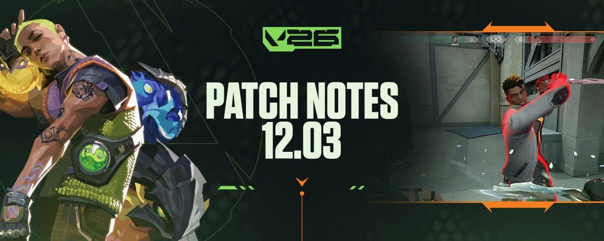 PATCH 12.03 | #VALORANT

- New voice lines for viper, Omen and Vyse
- Multi-factor authentication (MFA) for accounts flagged for sharing and all Ascendant+ players in APAC (Competitive Queue)
- VCT Player Stats
- New LTM: Skirmish 2v2