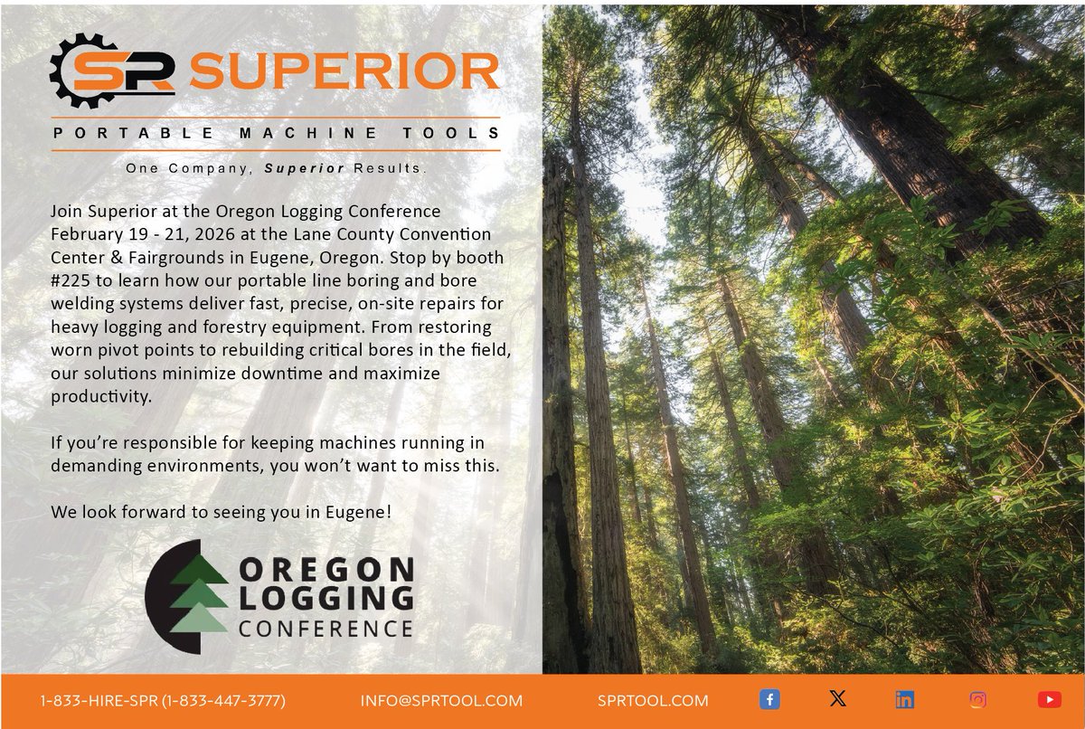 spr_tool's tweet photo. Stop by booth 225 at the Oregon Logging Conference to learn how SPR's portable line boring and bore welding systems deliver fast, precise, on-site repairs for heavy logging and forestry equipment. #Superior #SPR #oregonloggingconference #portablemachining #onsitemachining https://t.co/vS3bCC3Ue8