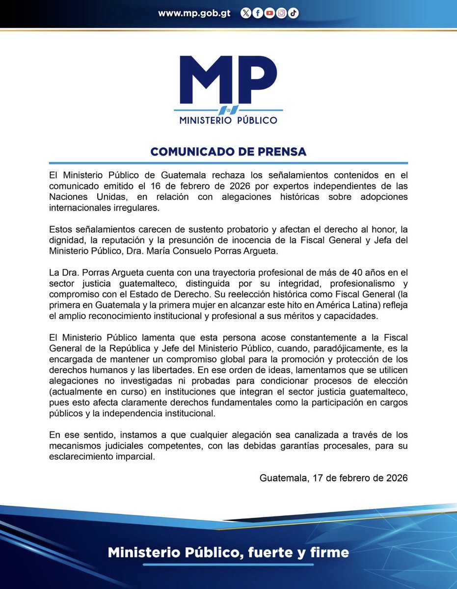 El comunicado del MP no es institucional: usa recursos públicos para defender a una persona. Confunde control internacional con “acoso”, exige pruebas como si la ONU fuera un tribunal, invoca mal la presunción de inocencia y desacredita estándares de derechos humanos. No responde