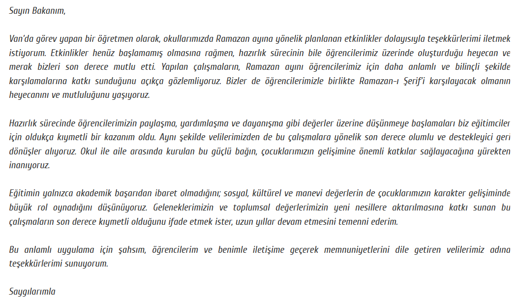 🚨''Bakan Yusuf Tekin'e Ramazan Etkinlikleri Teşekkürü''

Bir öğretmenimiz Ramazan Etkinlikleri dolayısıyla Milli Eğitim Bakanı Yusuf Tekin'e teşekkür mesajını sosyal medya üzerinden paylaştı.

''Bu anlamlı uygulama için şahsım, öğrencilerim ve benimle iletişime geçerek