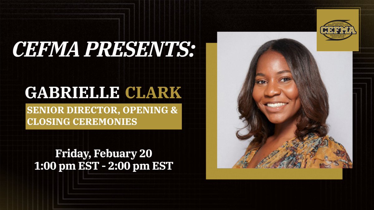 cefmafacilities's tweet photo. 📢REMINDER: Don’t Forget to Register

CEFMA Presents: LA28 Olympic and Paralympic Games with Gabrielle Clark

📅Friday, February 20
⏰1:00 PM ET

Check your email for registration information! https://t.co/tT40ffeZ0X