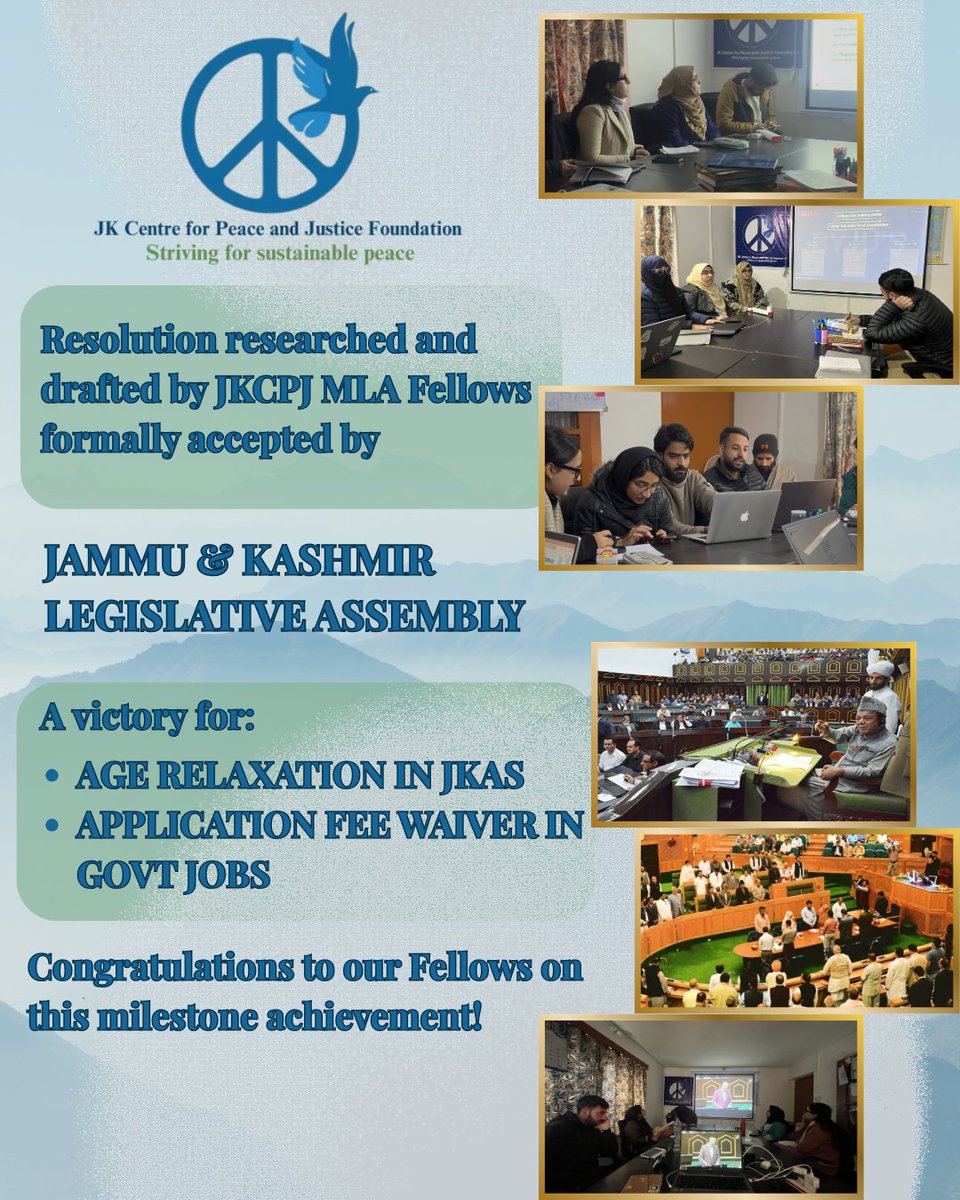 Proud moment: A Private Member’s Resolution researched &amp; drafted by Fellows of the JKCPJ has been formally accepted in the Jammu and Kashmir Legislative Assembly.
<a href="/PushparajVD/">Pushparaj Deshpande | पुष्पराज देशपांडे</a> <a href="/parsamufti/">Parsa Mufti</a>  <a href="/ListenNadir/">Nadir Ali 🚀</a> <a href="/Shareecazargar/">Sharika Zargar/ Ilhaam</a> <a href="/ShahjhanMustafa/">Shahjhan Mustafa</a>  <a href="/Faizanpeer_/">Faizan Peer</a>  <a href="/SBFIndia/">Samruddha Bharat Foundation</a> <a href="/ActionAidIndia/">ActionAid Association</a>