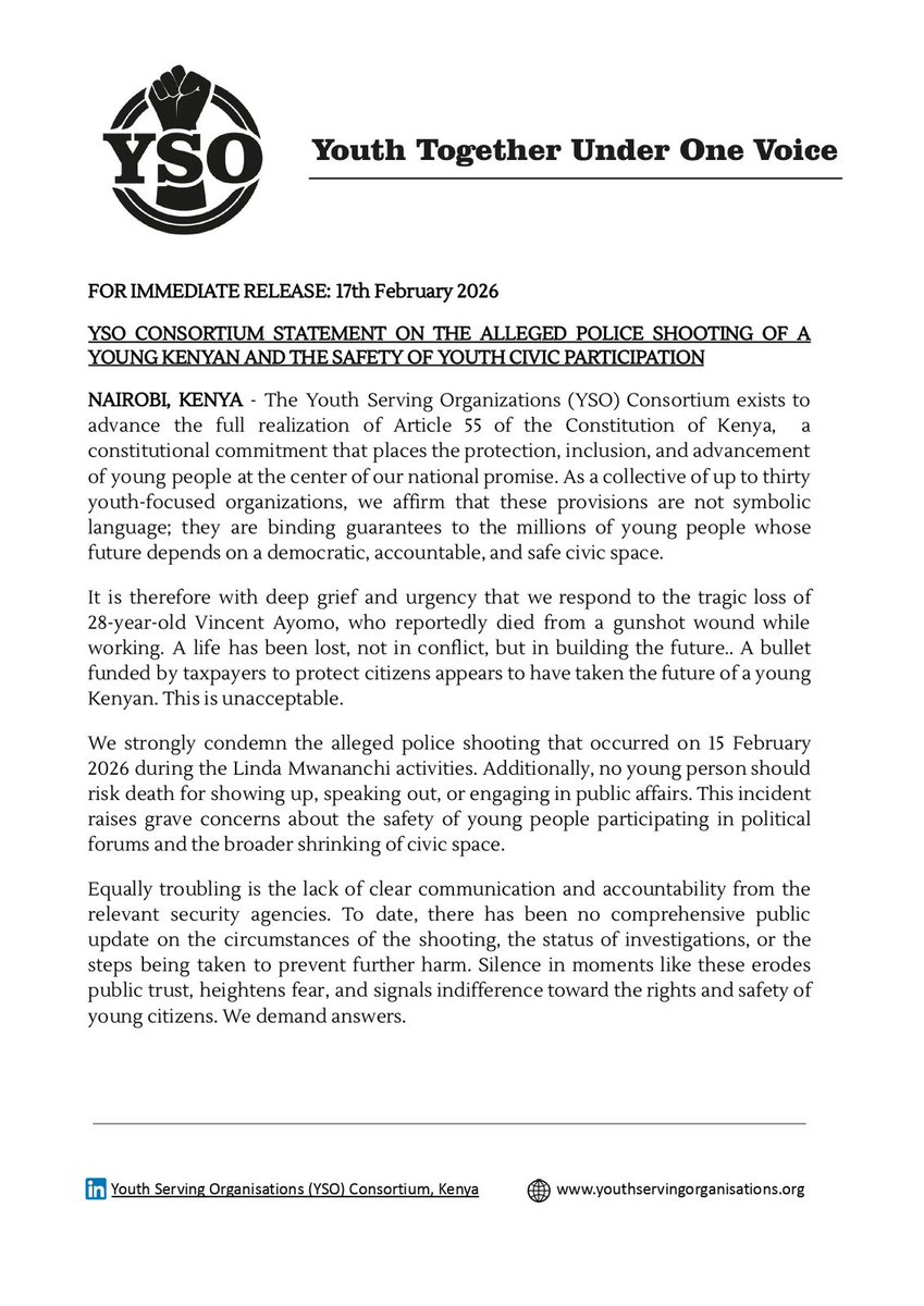 CboYoung20173's tweet photo. #justiceforVincentAyamo 
We demand for accountability and immediate commence of investigation leading to killing of young father  28 Vincent Ayamo in kitengela while attending a peaceful political rally.

@kipmurkomen 
@siasaplace 
@edwinsifuna 
@IPOA_KE 
@IADorganization https://t.co/qGpe0EscKc
